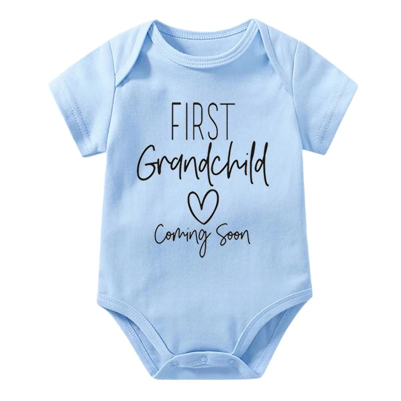 First Grandchid Coming Soon Print Baby Announcement Bodysuit Jumpsuit Pregnancy Announcement for Grandparents Baby Shower Gift