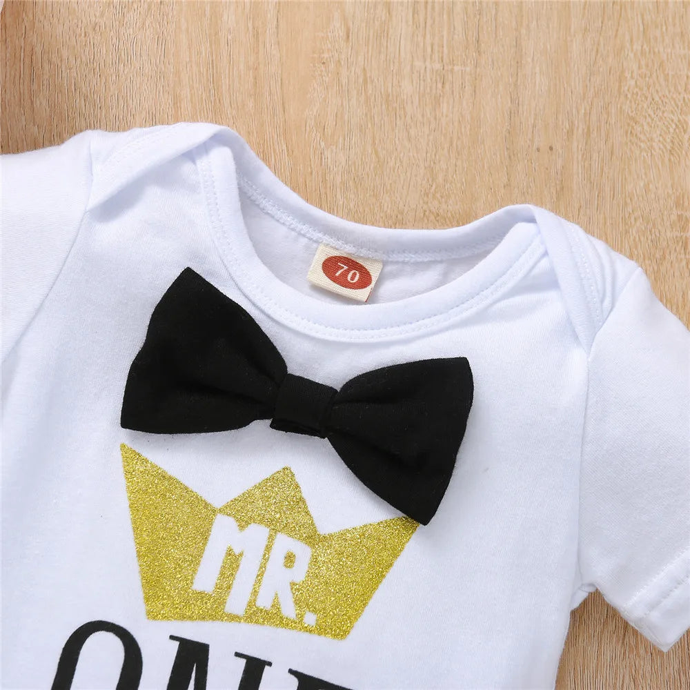 1 Year Birthday Boys Outfits Short Sleeve Bowtie Crown Romper and Suspender Pants Baby Boys Birthday Clothes Cake Smash Outfit