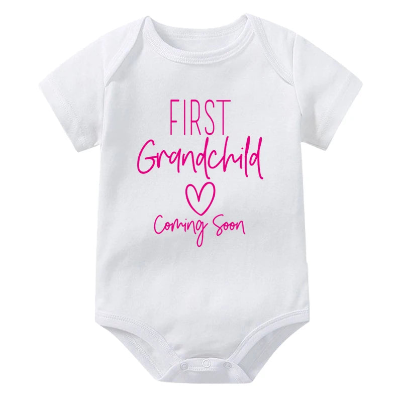 First Grandchid Coming Soon Print Baby Announcement Bodysuit Jumpsuit Pregnancy Announcement for Grandparents Baby Shower Gift