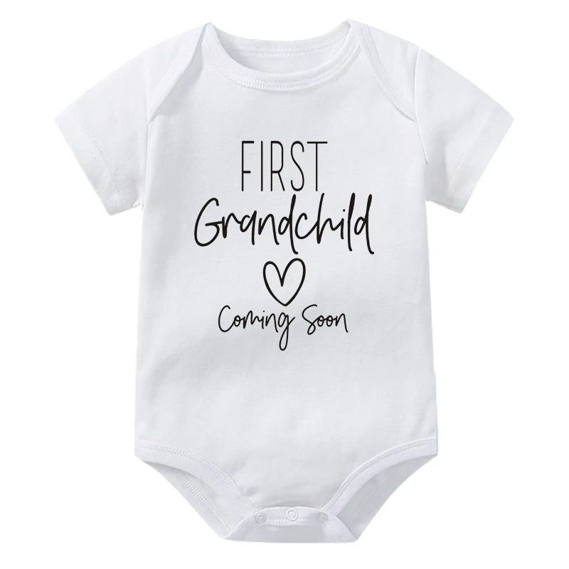 First Grandchid Coming Soon Print Baby Announcement Bodysuit Jumpsuit Pregnancy Announcement for Grandparents Baby Shower Gift