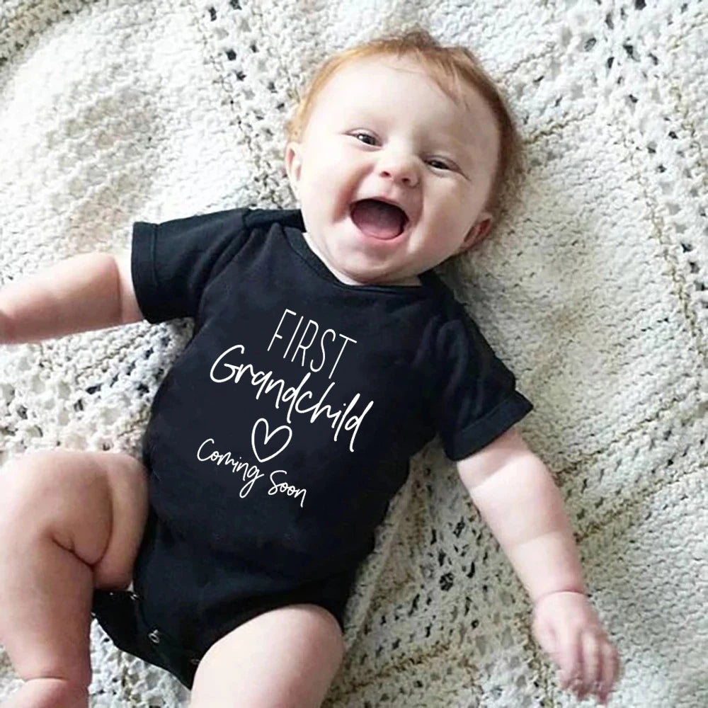 First Grandchid Coming Soon Print Baby Announcement Bodysuit Jumpsuit Pregnancy Announcement for Grandparents Baby Shower Gift