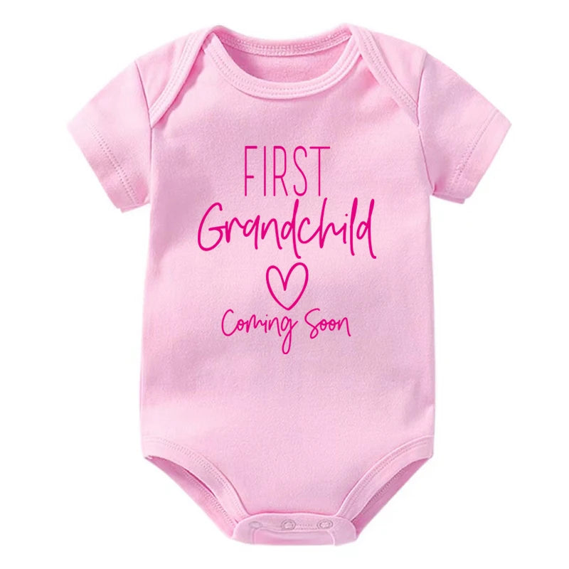 First Grandchid Coming Soon Print Baby Announcement Bodysuit Jumpsuit Pregnancy Announcement for Grandparents Baby Shower Gift