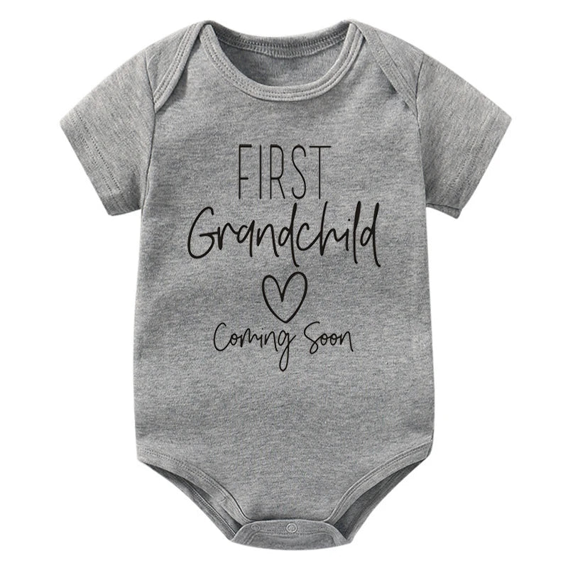 First Grandchid Coming Soon Print Baby Announcement Bodysuit Jumpsuit Pregnancy Announcement for Grandparents Baby Shower Gift