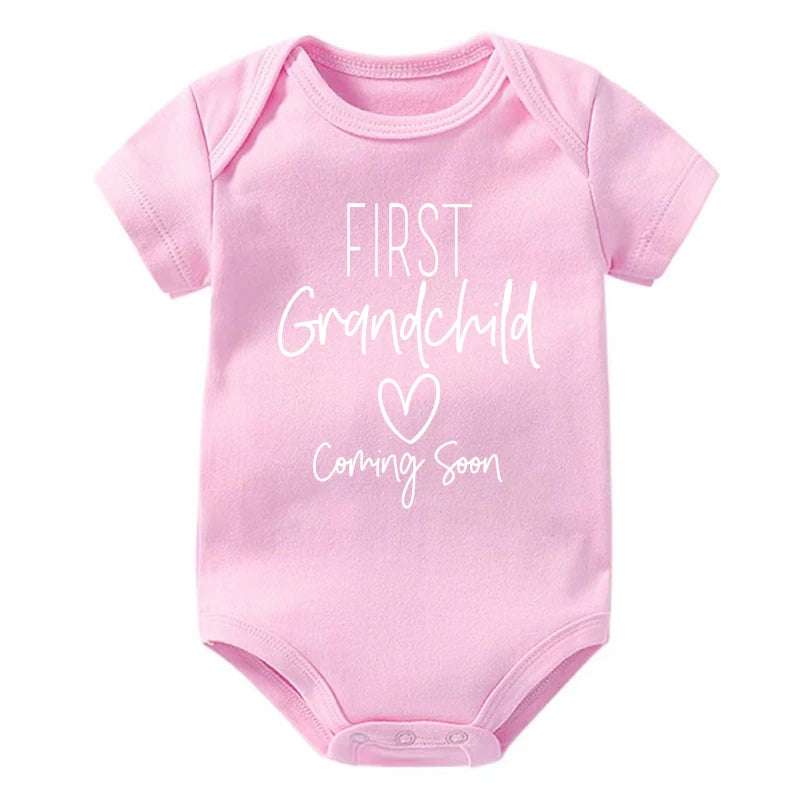 First Grandchid Coming Soon Print Baby Announcement Bodysuit Jumpsuit Pregnancy Announcement for Grandparents Baby Shower Gift