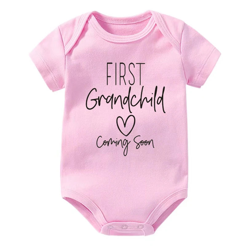 First Grandchid Coming Soon Print Baby Announcement Bodysuit Jumpsuit Pregnancy Announcement for Grandparents Baby Shower Gift