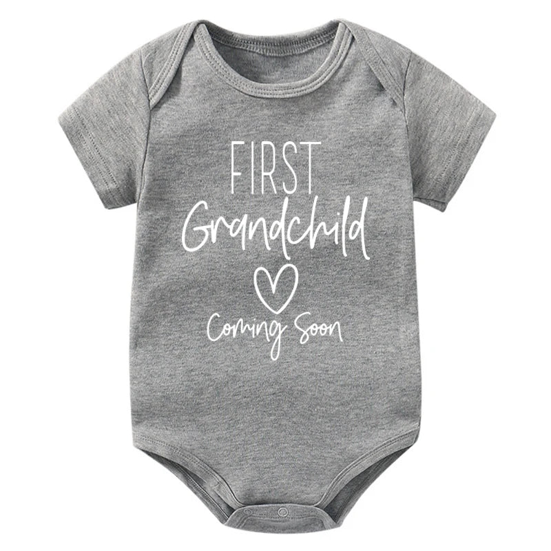First Grandchid Coming Soon Print Baby Announcement Bodysuit Jumpsuit Pregnancy Announcement for Grandparents Baby Shower Gift