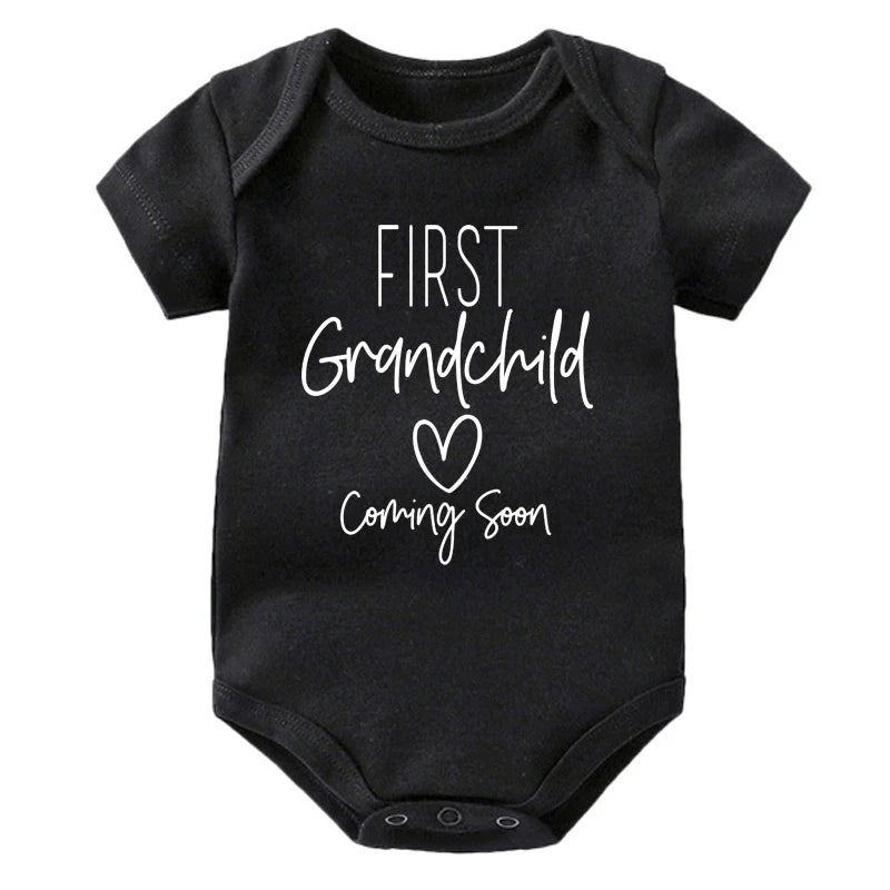 First Grandchid Coming Soon Print Baby Announcement Bodysuit Jumpsuit Pregnancy Announcement for Grandparents Baby Shower Gift