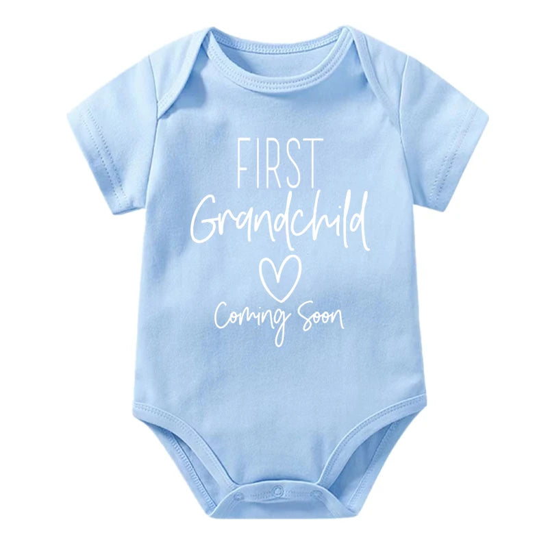 First Grandchid Coming Soon Print Baby Announcement Bodysuit Jumpsuit Pregnancy Announcement for Grandparents Baby Shower Gift