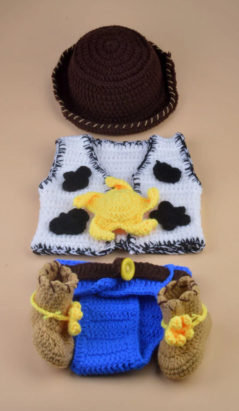 Cowboy Design Newborn Photography Props Baby Hat and Diaper Cover with Vest 5 Pieces Costume Outfit Photo Props H253