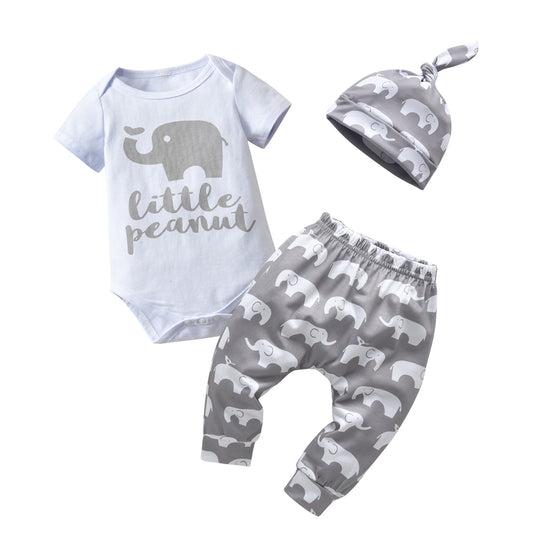 3pcs Newborn Infant Baby Boy Clothes Sets Thin Cotton Cute Printed Short Sleeve Romper Top + Long Pants + Hat Outfit for Boys