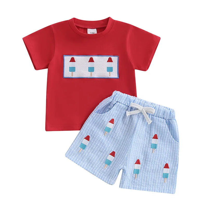 Baby Boy 4th of July Outfits Short Sleeve Ice Cream Embroidery T Shirt + Plaid Shorts Set Summer Toddler Clothes
