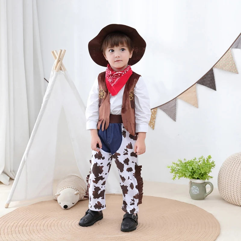 Kids Western Cowboy Costume Set Children Vest+Trousers Pants+Scarf+Hat 4pcs Toddler Outfits Suit Baby Boys Girls Role Play Sets