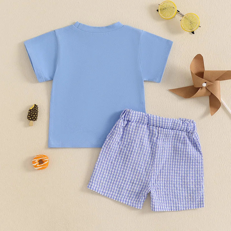 Baby Boy 4th of July Outfits Short Sleeve Ice Cream Embroidery T Shirt + Plaid Shorts Set Summer Toddler Clothes