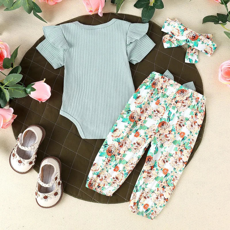 Baby Girls Clothes Set Bottoms Outfit Short Sleeve Ruffled Ribbed Romper Bodysuit Top+ Pants Summer