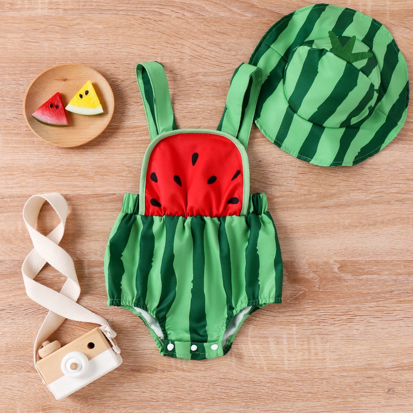 Cute Baby Girl Summer Outfits Elastic Waist Square Neck Sleeveless Romper Watermelon Print Hat Infant Bodysuits Costume