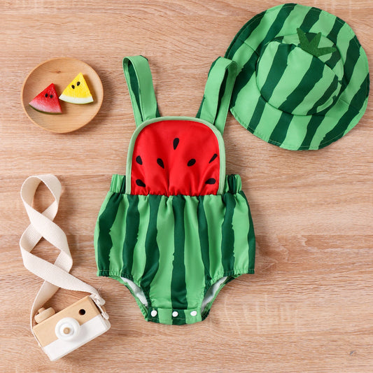 Cute Baby Girl Summer Outfits Elastic Waist Square Neck Sleeveless Romper Watermelon Print Hat Infant Bodysuits Costume
