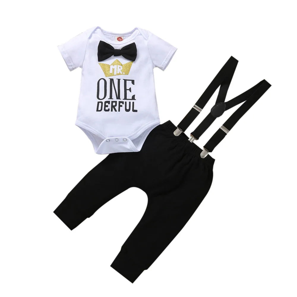 1 Year Birthday Boys Outfits Short Sleeve Bowtie Crown Romper and Suspender Pants Baby Boys Birthday Clothes Cake Smash Outfit