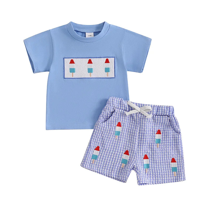 Baby Boy 4th of July Outfits Short Sleeve Ice Cream Embroidery T Shirt + Plaid Shorts Set Summer Toddler Clothes