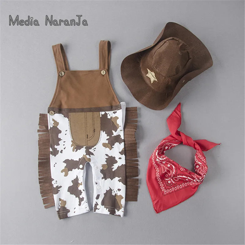 Baby boy romper costume infant toddler cowboy clothing set 3pcs hat+scarf+romper halloween purim event birthday outfits