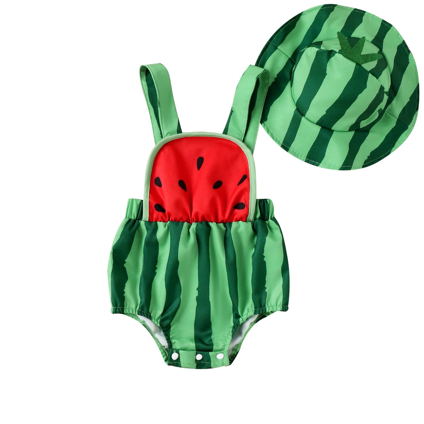 Cute Baby Girl Summer Outfits Elastic Waist Square Neck Sleeveless Romper Watermelon Print Hat Infant Bodysuits Costume