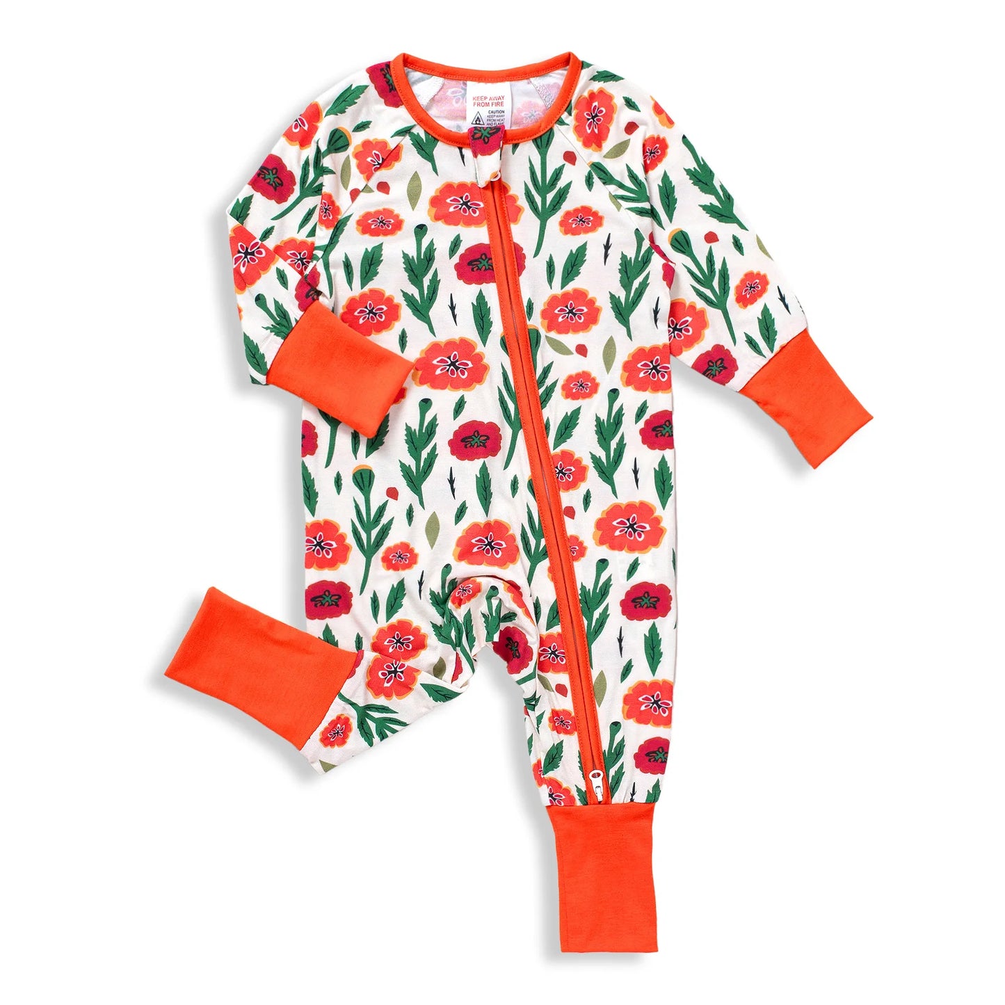 Baby Girls Bamboo Fabric Flower Print Long Sleeve Onesies, Convertible Foot Cover Zipper Onesies
