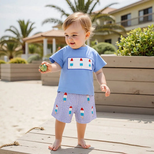Baby Boy 4th of July Outfits Short Sleeve Ice Cream Embroidery T Shirt + Plaid Shorts Set Summer Toddler Clothes