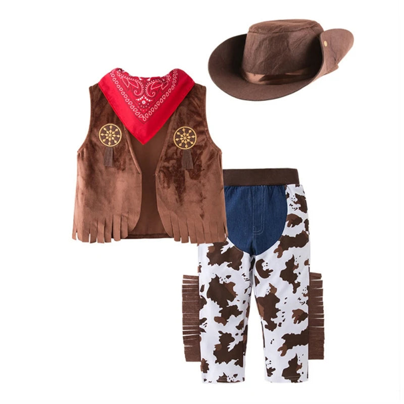 Kids Western Cowboy Costume Set Children Vest+Trousers Pants+Scarf+Hat 4pcs Toddler Outfits Suit Baby Boys Girls Role Play Sets
