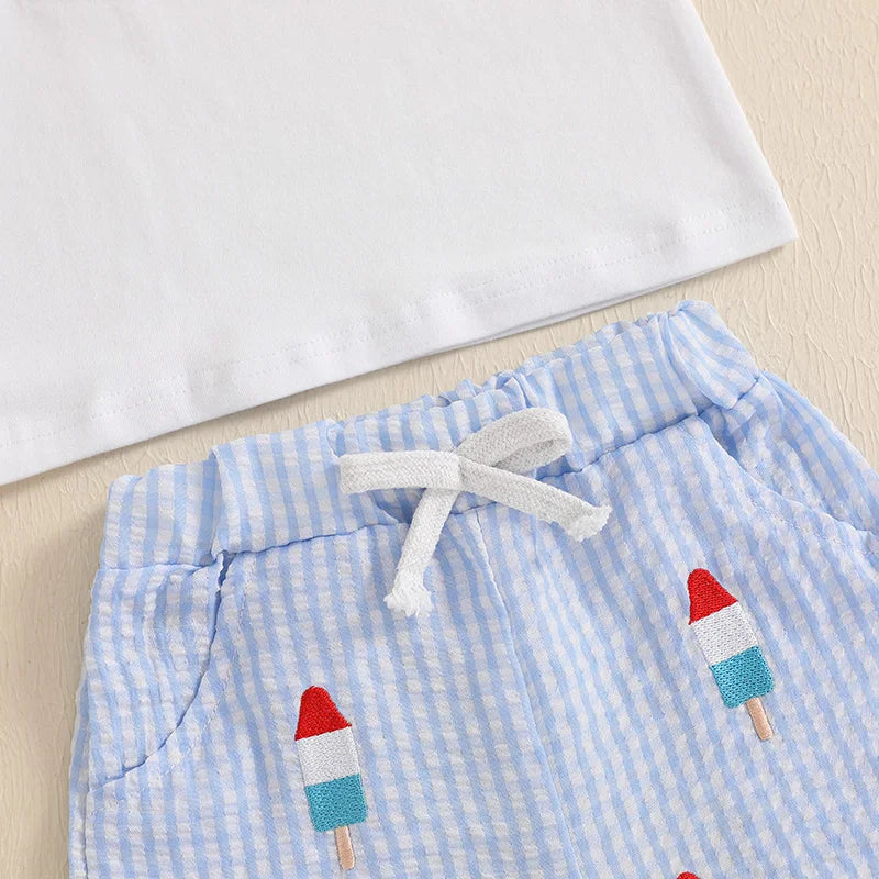 Baby Boy 4th of July Outfits Short Sleeve Ice Cream Embroidery T Shirt + Plaid Shorts Set Summer Toddler Clothes