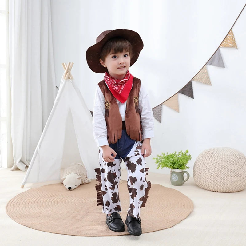 Kids Western Cowboy Costume Set Children Vest+Trousers Pants+Scarf+Hat 4pcs Toddler Outfits Suit Baby Boys Girls Role Play Sets