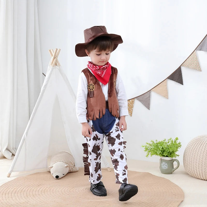 Kids Western Cowboy Costume Set Children Vest+Trousers Pants+Scarf+Hat 4pcs Toddler Outfits Suit Baby Boys Girls Role Play Sets