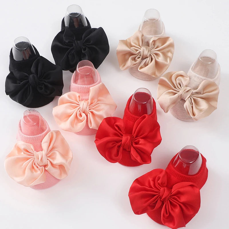 2Pcs Baby Bow Headband Socks Set Toddler Girls Solid Color Bowknot Elastic Hairband Turban Soft Anti-Slip Socks Kids Accessories