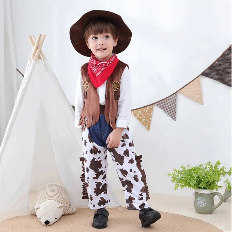 Kids Western Cowboy Costume Set Children Vest+Trousers Pants+Scarf+Hat 4pcs Toddler Outfits Suit Baby Boys Girls Role Play Sets