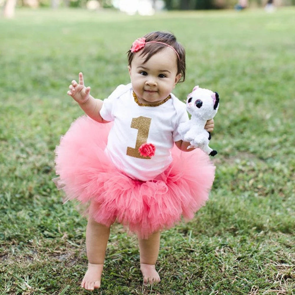 Baby Girl First 1st Birthday Party Dress Cute Christening Outfits One Year Baby Girl Bodysuit and Tutu Dress Newborn Set