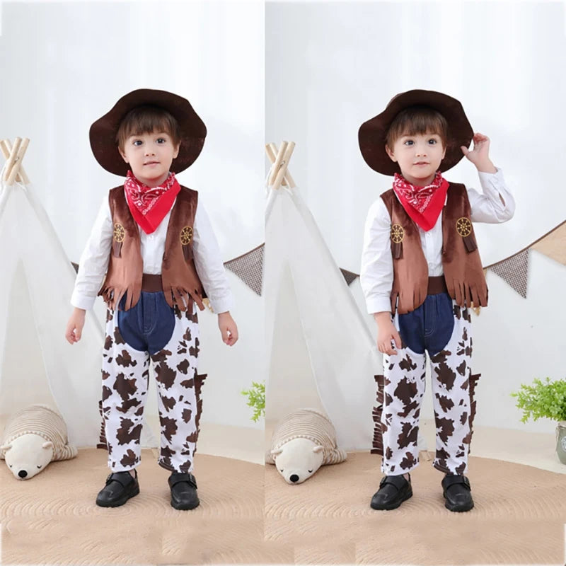 Kids Western Cowboy Costume Set Children Vest+Trousers Pants+Scarf+Hat 4pcs Toddler Outfits Suit Baby Boys Girls Role Play Sets