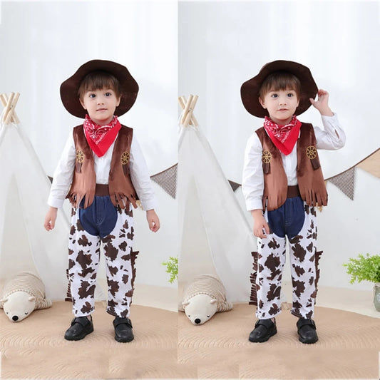 Kids Western Cowboy Costume Set Children Vest+Trousers Pants+Scarf+Hat 4pcs Toddler Outfits Suit Baby Boys Girls Role Play Sets