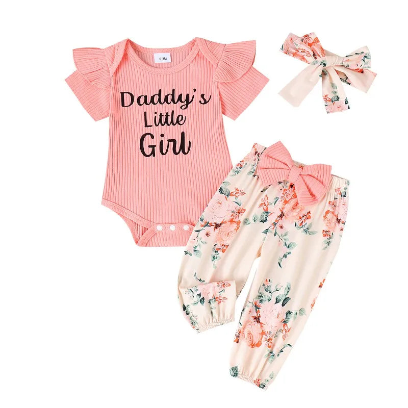 Baby Girls Clothes Set Bottoms Outfit Short Sleeve Ruffled Ribbed Romper Bodysuit Top+ Pants Summer