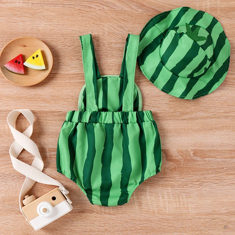 Cute Baby Girl Summer Outfits Elastic Waist Square Neck Sleeveless Romper Watermelon Print Hat Infant Bodysuits Costume