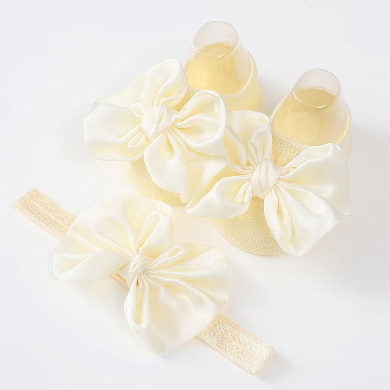 2Pcs Baby Bow Headband Socks Set Toddler Girls Solid Color Bowknot Elastic Hairband Turban Soft Anti-Slip Socks Kids Accessories
