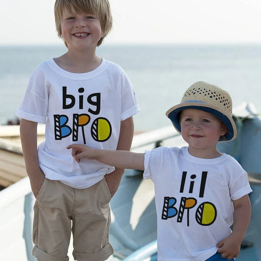Big Bro Lil Bro Family Matching T-shirts Cartoon Printed Sibling Tee Child Tops Boys Short-sleeve Clothes for Summer Kids Outfit