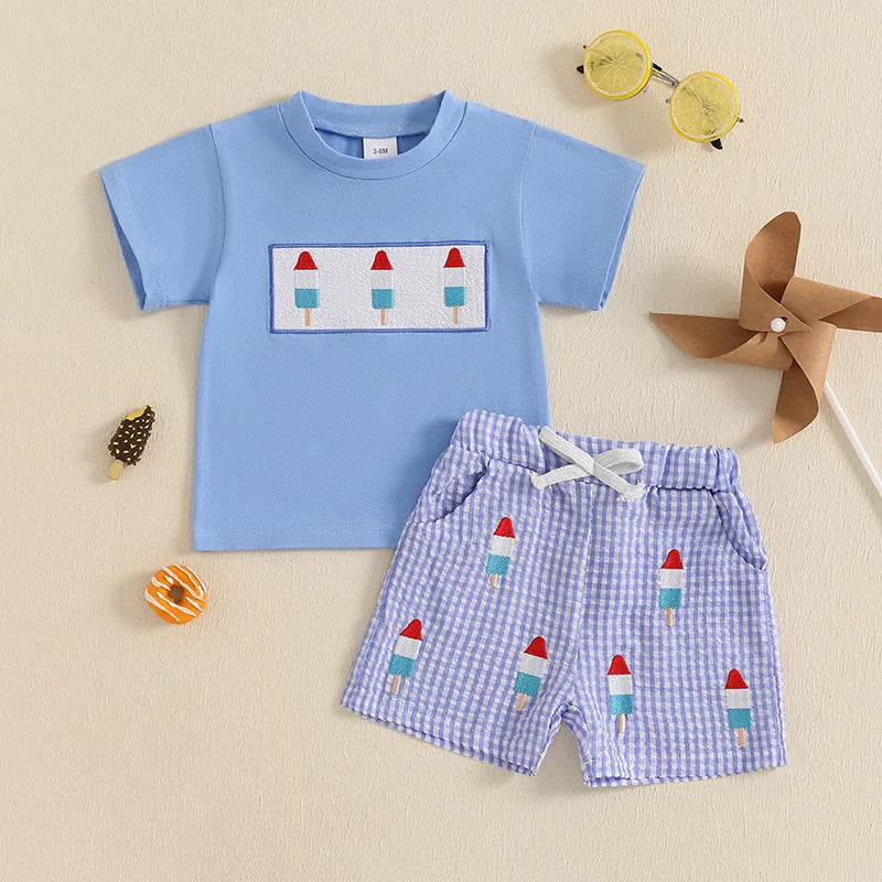 Baby Boy 4th of July Outfits Short Sleeve Ice Cream Embroidery T Shirt + Plaid Shorts Set Summer Toddler Clothes