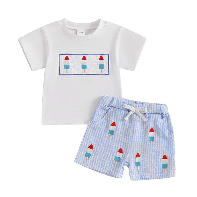 Baby Boy 4th of July Outfits Short Sleeve Ice Cream Embroidery T Shirt + Plaid Shorts Set Summer Toddler Clothes