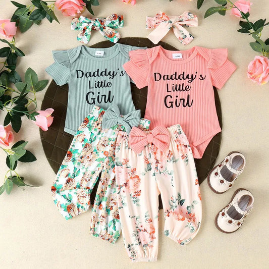 Baby Girls Clothes Set Bottoms Outfit Short Sleeve Ruffled Ribbed Romper Bodysuit Top+ Pants Summer