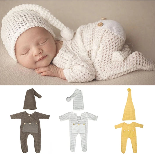 2 Pcs Newborn Photography Props Crochet Outfit Baby Romper Hat Set Infants Photo Cap Jumpsuit Bodysuit Clothin