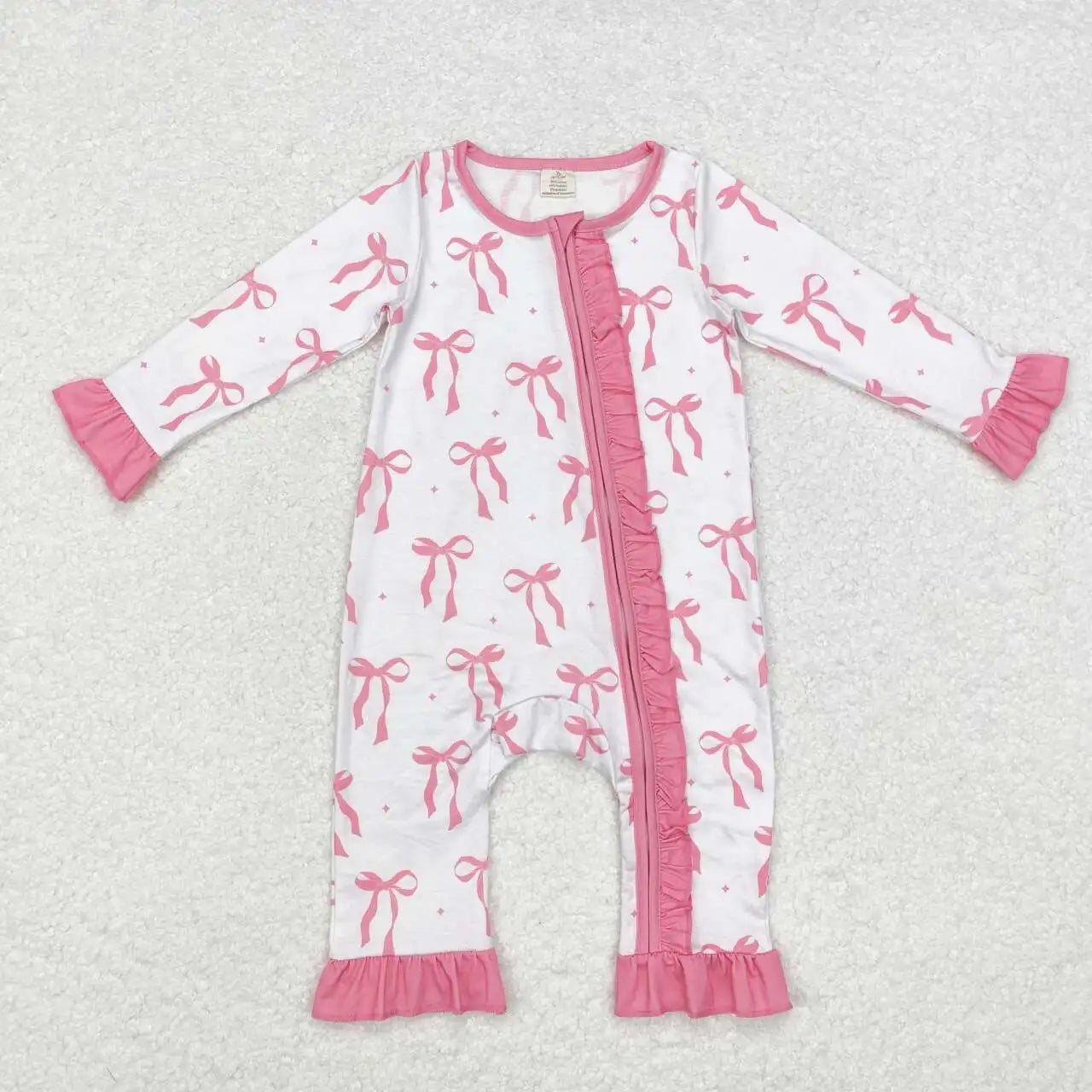 2024 New Fall Spring Design Newborn Baby Girls Pretty Pink Bow Print Soft Long Sleeve Zippy Bamboo Romper