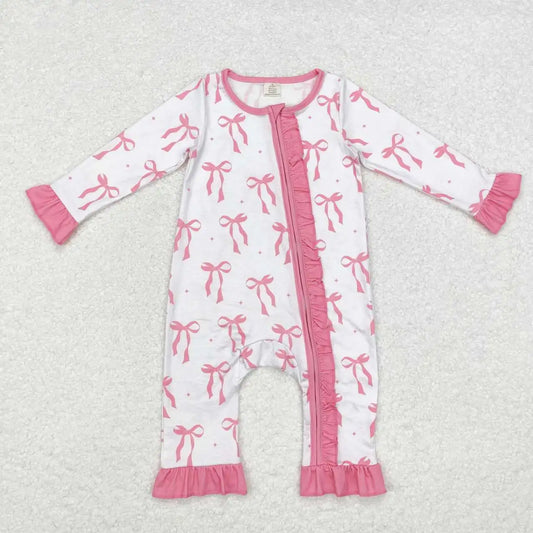 2024 New Fall Spring Design Newborn Baby Girls Pretty Pink Bow Print Soft Long Sleeve Zippy Bamboo Romper