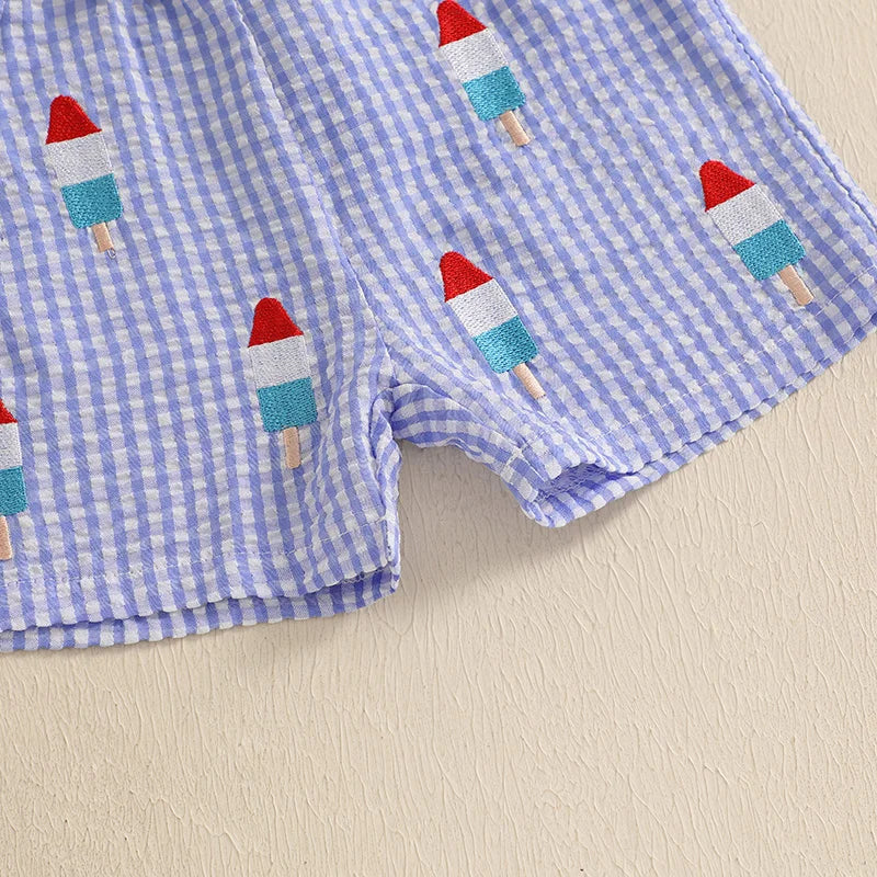 Baby Boy 4th of July Outfits Short Sleeve Ice Cream Embroidery T Shirt + Plaid Shorts Set Summer Toddler Clothes