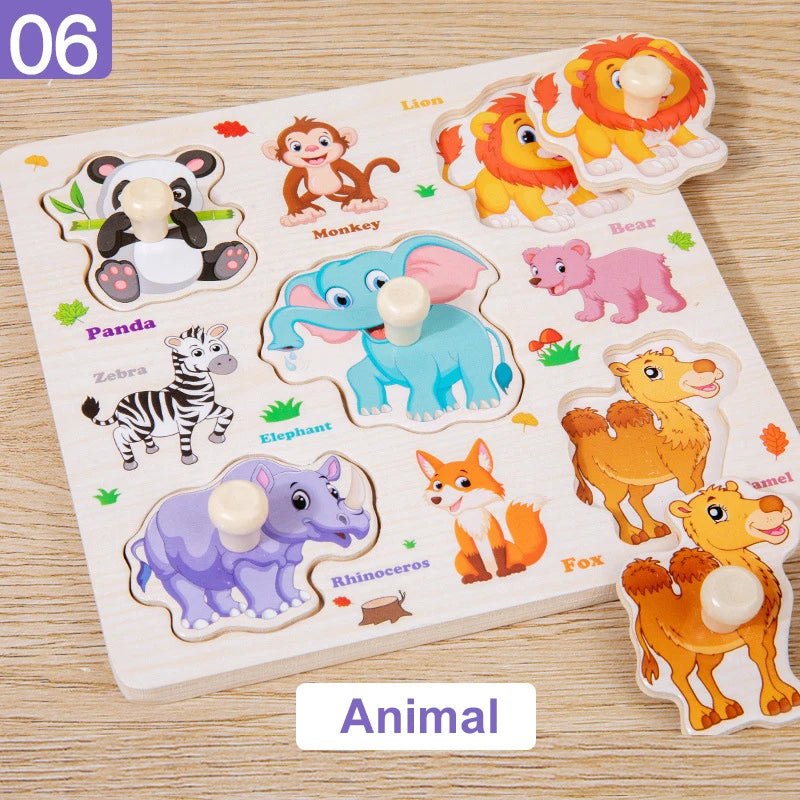 Wooden Puzzle Montessori Toys for Kids Cartoon Animal Traffic Hand Grab Boards Early Learning Educational Toys for Children