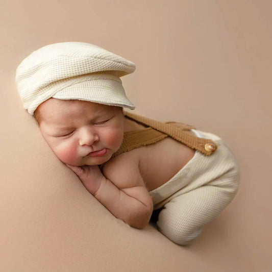 Ylsteed Newborn Boy Photography Outfits with Casquette Cap Color Contrast Shooting Romper Overalls  Suspender Trousers