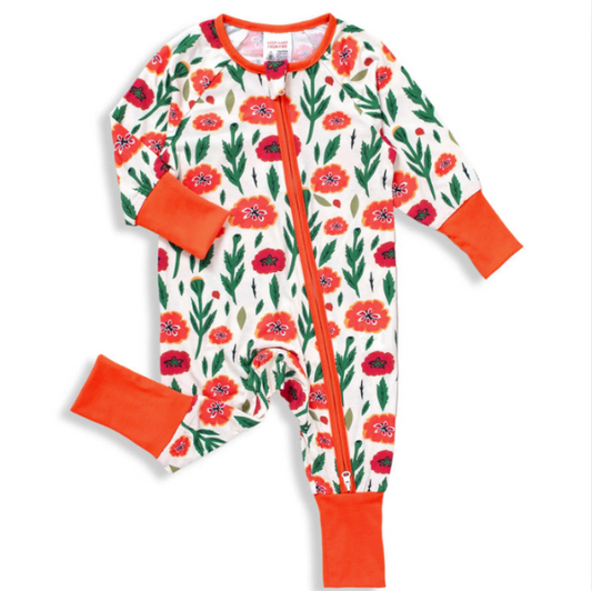 Baby Girls Bamboo Fabric Flower Print Long Sleeve Onesies, Convertible Foot Cover Zipper Onesies