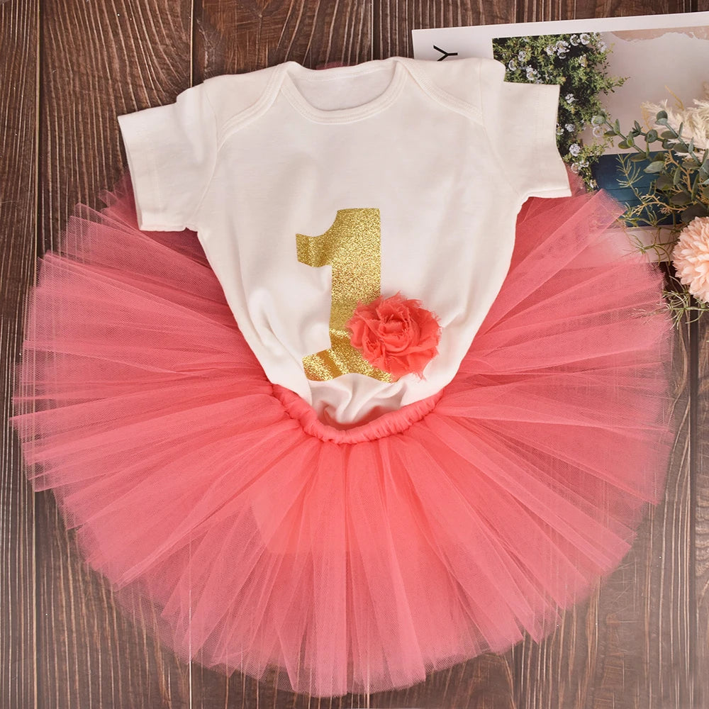 Baby Girl First 1st Birthday Party Dress Cute Christening Outfits One Year Baby Girl Bodysuit and Tutu Dress Newborn Set